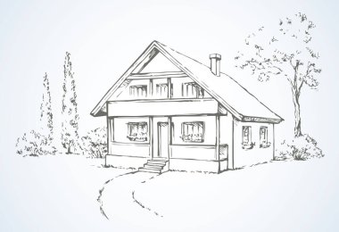 Yeni inşa edilmiş çiftlik konutu tasarımı ile modern arka bahçe manzarası. Serbest ve doğrusal siyah mürekkep el çizimi resim planı eskiz sanat retro doodle tarzı beyaz gökyüzü arkaplanı üzerine metin için boşluk