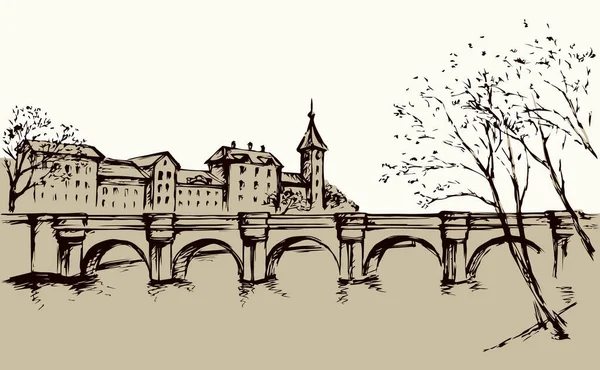 Envejecido Camino Puente Escena Del Distrito Del Lago Línea Freehand — Vector de stock