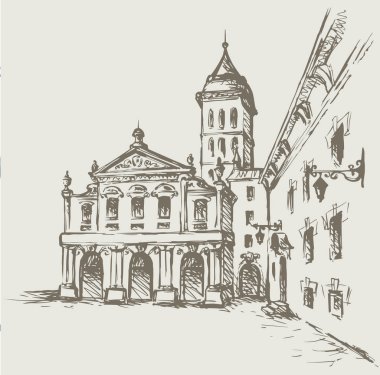 Şehir merkezinde yaşlanmış romantik bir yaz yeri. Büyük çizgi ortaçağ ön kapı manzarası. Eskimiş karikatür karikatür karalama gravür stiliyle çizilmiş siyah bir el resmi. Beyaz gökyüzü arkaplanındaki kağıt metin alanı