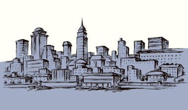 Soyut rıhtım kıyısı ABD New York yüksek banka yapı merkezi panoramik manzarası. Midtown Limanı gökyüzü mesaj uzayı. Resim çizimi biçiminde siyah mürekkep çizilmiş logo simgesi desen tasarımı