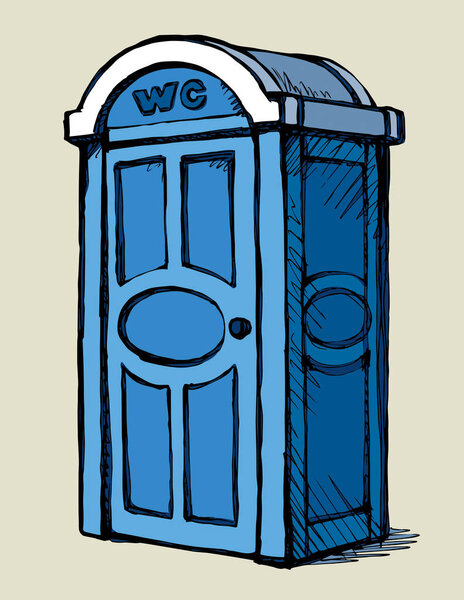 Clean blue pee cubicle stall gear set on white paper text space.Bright cyan color hand drawn camp event poop waste hygiene bin box logo pictogram sign in art modern doodle style. Close up line view