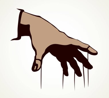 Beyaz ahşap kravat köle model hareket ustası diktatörü asıyor. Siyahi, otoriter, politik tiyatro yönetmeni, sanatçı oyunu, nesne kariyeri, işaret simgesi çizimi, retro sanat karikatür vektör stili.