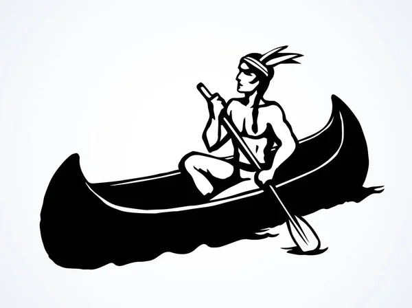 白い池のテキストスペースにアステカの男性レジャードリフト 概要黒手描き民族西ウサ赤アパッチ人間マヤの職人屋外ロゴ レトロアートのドードル漫画スタイルのピクトグラムエンブレムラベルデザイン — ストックベクタ