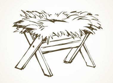 Gece kulübesinde eski boş ahşap çiftlik hayvanları rafı. Çizgiye siyah mürekkep çizilmiş şirin bebek bebek İsa Mesih bebek odası sevgi logosu işareti resmi eski sanat karalama tarzı kağıt metin alanı