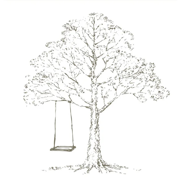 Old oak trunk on white cloud backdrop. Freehand outline ink hand drawn sunny rest picture design sketchy in retro art doodle engrave cartoon print style pen on paper text space. Rural scenic sun view — Stock Illustration Old Oak Trunk White Cloud Backdrop Freehand Outline Ink Hand Royalty Free Stock Illustrations