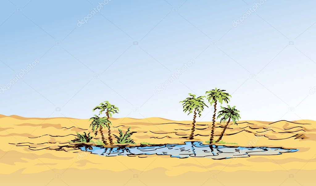 Arabia summer travel place skyline scene. Bright yellow color hand drawn warm Egypt scenic view sign icon symbol concept in art old vintage cartoon style. Text space on light blue sunny sky retro backdrop