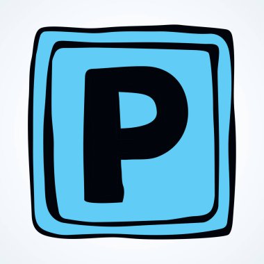 Mavi basit yol p noktası yol kenarında kal rota bilgisi pano logosu ögesi. Siyah el çizimi düz soyut web parkı amblemi pankart tasarımı çizimi. Doodle sanat çizgi film beyaz çizgi tarzı