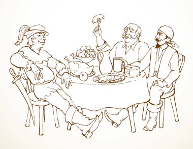 Komik, mutlu, aç soyguncu, beyaz bira, çerez, kale duvarı mesaj alanı. Siyah mürekkep çizilmiş el çizimi yaşlı korsan denizci giysisi komik çizim çizgisi geçmiş hikaye tarzı. Kral Savaşçı Şövalye!