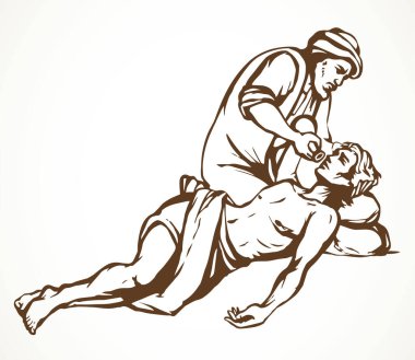 Antik Doğu Arap azizi insan rahatlaması yol boyunca beyaz gökyüzü. Çizgi siyah el, yetişkin hasta bir şekilde çizilmiş sosyal fakir, hastalıklı bir ikon resmi. Kutsal İncil 'in efendisi Yüce İsa' nın İncil vektörü sanat eskizi