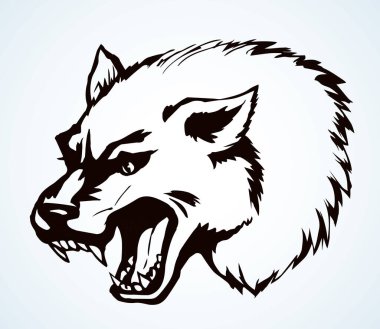 Güçlü, büyük, kötü, ürkütücü, gri, kutup katili göz beyaz mesaj alanı. Çizgi siyah mürekkep, hayvanat bahçesindeki öfke, korku, logo, piktogram, simge, simge tasarımı, retro sanat baskısı tarzında. Vintage görünümünü kapat