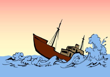 Antik ahşap paslı büyük fırkateyn alt direği beyaz gökyüzü metin uzayında kalır. Ana hatları siyah el çizilmiş derin denizcilik batık rüzgar sorun galleon logo işaret simgesi çizimi sanat retro doodle çizgi çizgi tarzı
