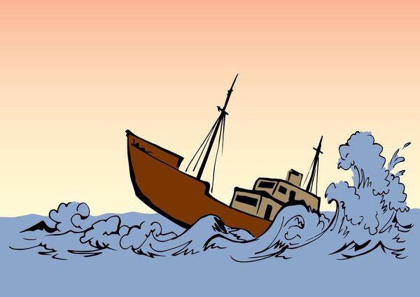 Древние деревянные ржавые большие фрегаты нижней мачты остаются на белом небе текстового пространства. Контур черная рука нарисована глубокий морской раковина ветер проблемы галеон логотип знак эскиз в стиле арт-ретро каракули мультяшной линии