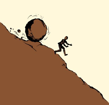 Güçlü, güçlü, riskli, Bill Borç Borç Borcundan kaçan işçi başarısız, panik atak, eğlence, beyaz gökyüzü. Çizgi siyah erkek, kar topu logosu işareti eski sanat el çizimi çizim vektörü