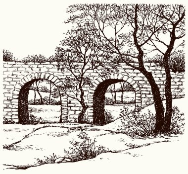 Yaş olarak yüksek kentsel kavis yolu soğuk, buz tutmuş gölet göleti sahnesi siyah mürekkep kalem el çizimi Brook Paper retro doodle line tarzı. Sahne alacakaranlık yüksekliğindeki yabani akçaağaç bitkisi dere manzaralı beyaz gökyüzü metin uzayı