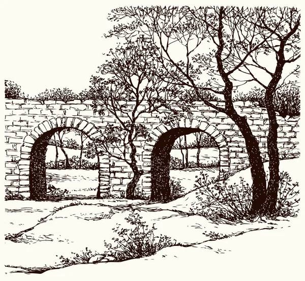 Edad Alto Arco Urbano Camino Camino Frío Helada Patio Estanque — Archivo Imágenes Vectoriales