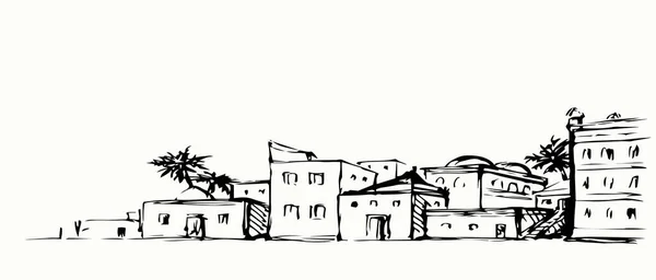 ヴィンテージエジプトカイロ東洋の砂漠の胆石の壁ヤシの木のオアシスシーンテキストの場所白い空の風景です 概要手描きアジアのイラン人男性のシンボルスケッチレトログラフィックライン漫画アートベクトルスタイル — ストックベクタ