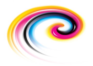 Canlı birincil boya gama tam palet pigment sembol çerçeve pankartın yaratıcı anafor şablonu. Yazdırma teknolojisi parlak kıvrımlı püskürtme disk simgesi simgesi logosu. Yakın görünüm metin uzayı