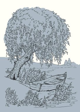 Eskimiş siyah mürekkep kalem el, sükunet ve sükunet dolu bir sonbahar sahnesi, eskimiş sanat karikatür çizgisi tarzı. Kapalı vahşi dere kamışı bitkisi arazi manzaralı beyaz gökyüzü metin arkaplanı