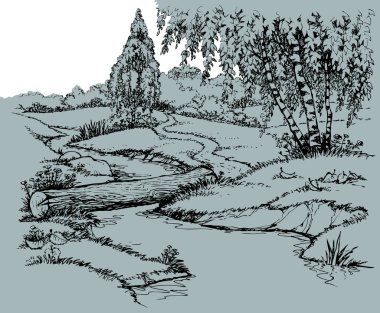 Calm old brook rivulet reed bank wooden dirt track way scene outline black ink hand drawn picture art retro vintag line style. Quiet grass bush shrub plant travel scenic view white text space backdrop clipart