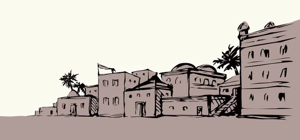 Винтажный Египет Каир Ориентируется Пустыни Библическая Стена Пальмы Оазис Сцены — стоковый вектор