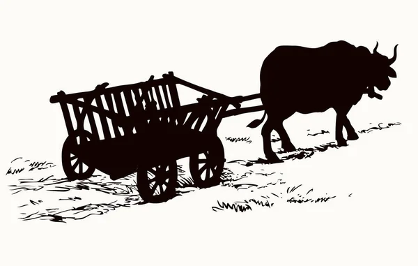 黒いインクの手の大きな素朴な貨物道路労働者の労働者の獣プル木製の車輪の乾燥旅行に乗るの戦車を運ぶ描かれた 記号のアイコンのロゴ歴史的なアンティークアジアアートコンター漫画スタイル白い空のテキストスペース — ストックベクタ
