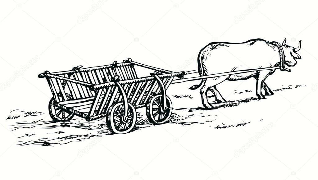 Outline black ink pen hand drawn big rustic cargo road labor worker beast carry plow wood wheel dray ride chariot vehicle. Symbol sign historic antique asia art doodle line style white sky text space
