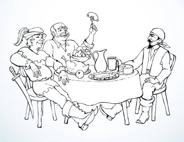 Komik, mutlu, aç soyguncu, beyaz bira, çerez, kale duvarı mesaj alanı. Siyah mürekkep çizilmiş el çizimi yaşlı korsan denizci giysisi komik çizim çizgisi geçmiş hikaye tarzı. Kral Savaşçı Şövalye!