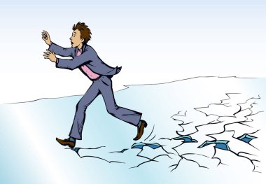 Komik erkek üzgün ofis çalışanı sert uçuşa geçti. Kaçağı bıraktı. Soğuk suyu eritti. İnsan atlama deliği panik işareti çizim komik vektör grafik poster sanat tarzı