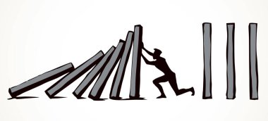 Yakından izole edilmiş yığın kırılma krizi çatışma güvenliği. Çizgi siyah çizim oyun ikonu işaret tablosu tasarımı beyaz sanat karikatür vektör tarzı. 1 erkek işçi liderini kapatın itin, itin, itin, düşmekten kurtarın.