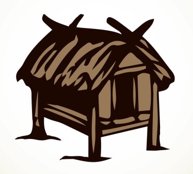 Küçük, şirin, zavallı Tayland saz örtüsü çatı ambarını koruyor. Retro beyaz çizgili ilkel ahşap kapı evcil hayvan çiftliği sakin resim çizimi logo tasarımı sanat eseri tarzı