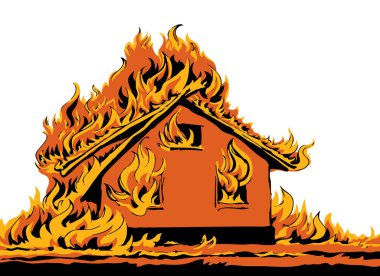 Yakın plan kırmızı kır evi manzaralı dış trajedi harabesi. Açık beyaz kağıt metin alanı. Siyah el çizimi kulübe özelliği güvenli yaşam logosu piktogram konsept tasarımı. Retro sanat karalama biçimi