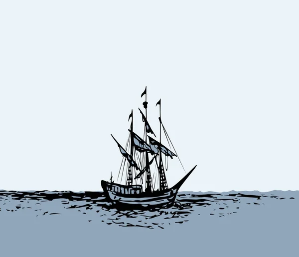 Wooden 클래식 Buccaneer Jourfish Galley Sailer Pictogram Icon White Sky — 스톡 벡터