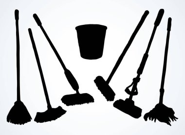 Beyaz oda metin uzayındaki çöp yumağı nesnesini temizleyin. Siyah el çizimi, sağlık sıvısı temizleyici bez küvet kovası logosu. Retro çizgi çizgi film sanatı görünüm çöp kutusunu kapatın