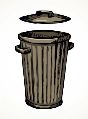 Yakın çekim büyük grunge açık boş plastik çöp kutusu seti. Beyaz kağıt metin alanı retro sanat karalama tarzı. Ana hatlı siyah mürekkep çizimi büyük eko biyografiği teneke kapaklı mobil servis amblemi tasarladı