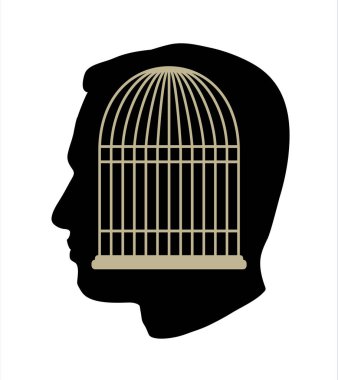 Siyah, boş, üzgün, stres bozukluğu fobisi logo ikon çizgisi çizim çizgisi içindeki bağımlı erkek çalışan profiline bağlıdır. Kapalı, yaşlı kadın, hasta, köle mağduru, işi gücü adalet.