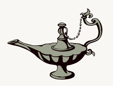 Yakın plan, beyaz masa boşluğunda eski, kilden yapılmış gazyağı kampı şişesi. Siyah mürekkep çizilmiş el, altın kutsal peri efsanesi sihirli alladin rüya, lütfen logo işareti, kutsal çizgi film stili.