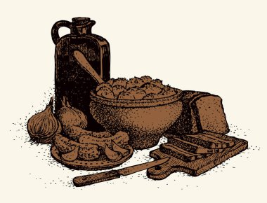 Antika kırsal sıcak aroma sağlıklı ev kültürü eski pişmiş kil kavanoz kabı. Çizgi siyah el çizilmiş domuz yağı dilimlenmiş çavdar gevreği çerezi tava sürahi simgesi antik sanat karalaması tarzı beyaz metin alanı arkaplanı