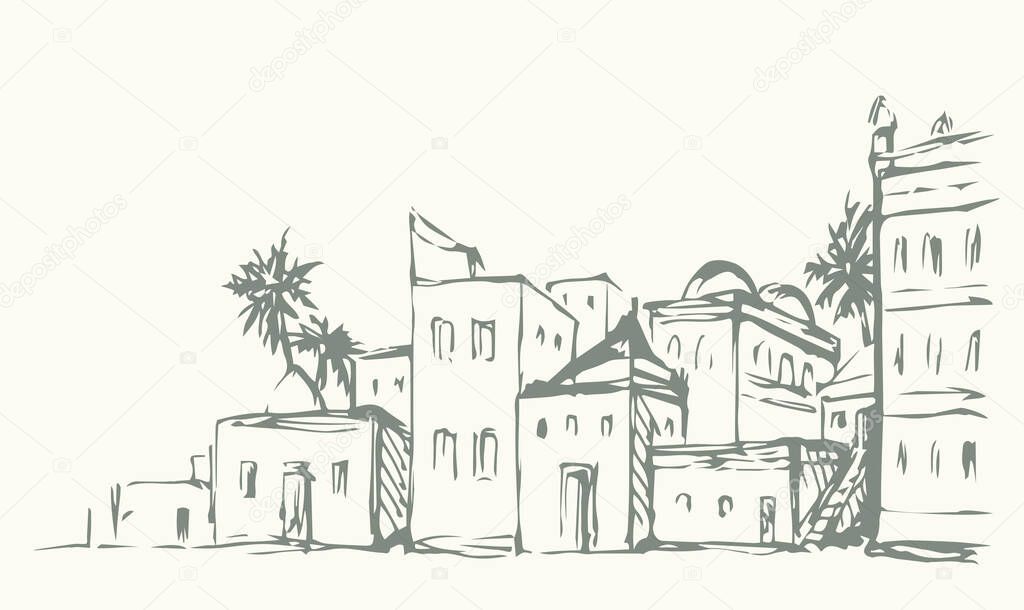 Vintage age egypt cairo orient desert biblic wall palm tree oasis scene text place white sky scenic view. Outline hand draw asian iran oman symbol sketch retro graphic line cartoon art vector style