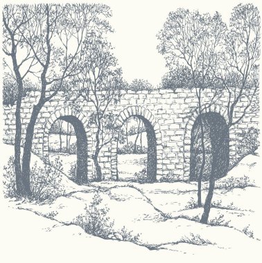 Yaş olarak yüksek kentsel kavis yolu soğuk, buz tutmuş gölet göleti sahnesi siyah mürekkep kalem el çizimi Brook Paper retro doodle line tarzı. Sahne alacakaranlık yüksekliğindeki yabani akçaağaç bitkisi dere manzaralı beyaz gökyüzü metin uzayı