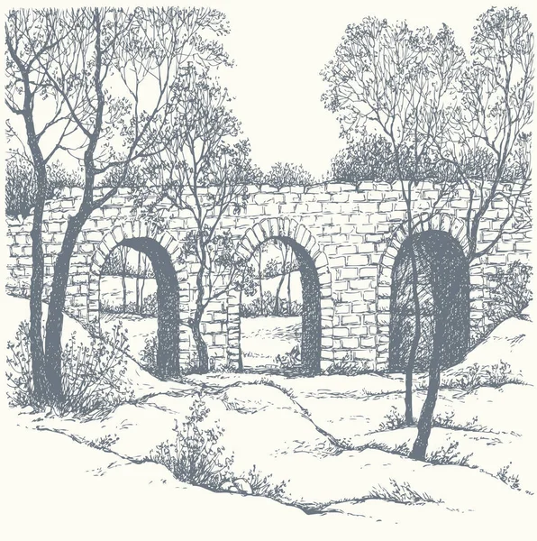 Edad Alto Arco Urbano Camino Camino Frío Helada Patio Estanque — Archivo Imágenes Vectoriales