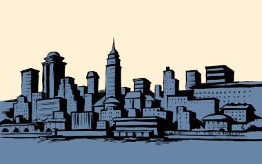 Soyut rıhtım kıyısı ABD New York yüksek banka yapı merkezi panoramik manzarası. Midtown Limanı gökyüzü mesaj uzayı. Resim çizimi biçiminde siyah mürekkep çizilmiş logo simgesi desen tasarımı