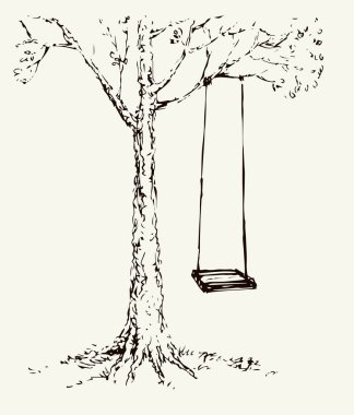 Beyaz bulutlu arka planda eski meşe gövdesi. Serbest çizim mürekkep çizimi, eski moda resim tasarımı, karikatür karikatür baskı kalemini kağıt metin alanına çizmiş. Kırsal manzaralı güneş manzarası