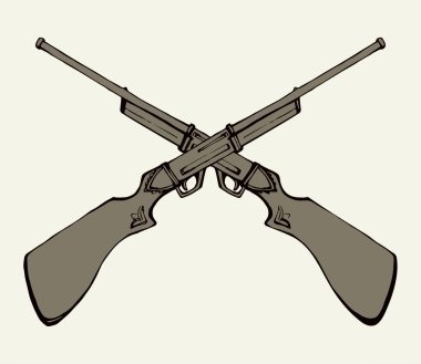 Beyaz metin arkaplanındaki yaşlandırılmış güç karabinasına yakın çekim. Ana hatları siyah mürekkep çizdi ölüm tehlikesi av tüfeği saldırı logosu pictogram amblem tasarımı antik oyma sanat karalama tarzı