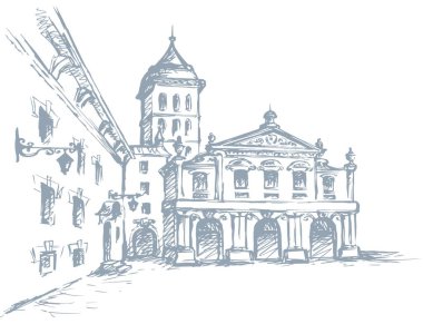 Şehir merkezinde yaşlanmış romantik bir yaz yeri. Büyük çizgi ortaçağ ön kapı manzarası. Eskimiş karikatür karikatür karalama gravür stiliyle çizilmiş siyah bir el resmi. Beyaz gökyüzü arkaplanındaki kağıt metin alanı