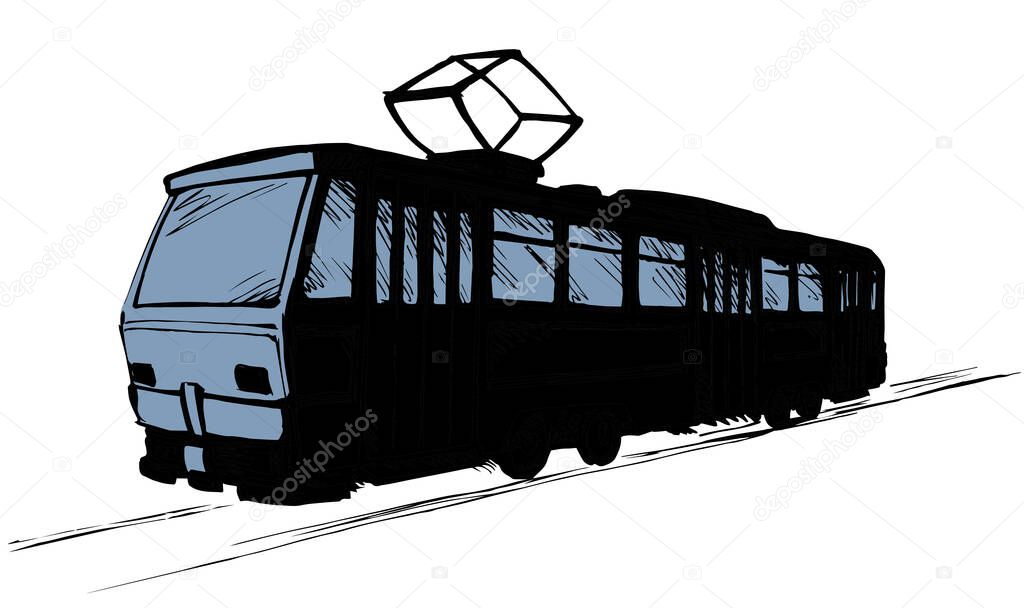 Side view classic antique tramline on white way backdrop. outline black ink hand drawn fast auto machine ride drive tour logo pictogram emblem design in ancient art doodle cartoon style on text space