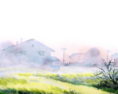 El çizimi suluboya ahır kulübesi açık kağıt metin arkaplanı. Sakin, nemli, sisli, kır ağacı manzaralı, dumanlı, parlak, mavi renkli, geçmişe dönük sanat eserleri.