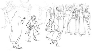 Kutsal aziz erkek insan yahudi kral mesih Lord gece tuzağı yasağı sahnesi. Koyu renk yeni İsrail ordusu, yüksek şef, işkenceye gel kölelik günahını öldür, ağla, oliv ağacı, eskimiş Katolik Yahudilik sanatını çiz.