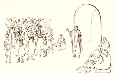 Asırlık İsrailli erkek Yahudi lider Ahab eğlence paraşütü kalabalık beyaz kasaba duvarı. Kara El Orta Doğu 'nun kutsal azizi Tanrı kırsal vaiz Isaiah Elisha' nın hikayesi karikatür çizimi