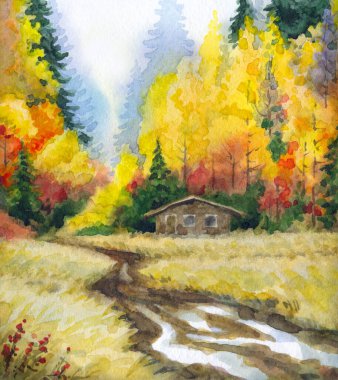 Kağıt desenli arkaplana elle çizilmiş suluboya resim. Taiga nemli sis günü manzaralı bulutlu manzara üzerine metin uzayı. Parlak kırmızı turuncu renk yabani çimen bitkisi kara akrilik Rusya manzarası