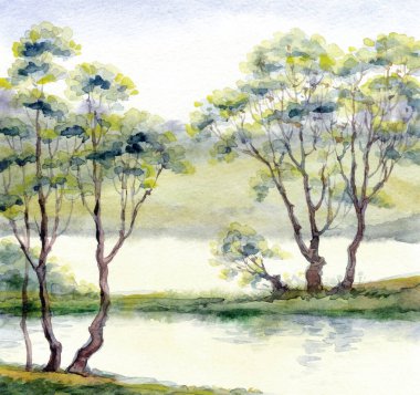 Parlak el çizimi suluboya ressamı temiz hava batımı sahnesi çiziyor. Kağıt arkaplan metin alanı. Açık yeşil renkli boya sanat eseri çalılık vadi çimenliği sakin bir günde dere kıyısı manzarası